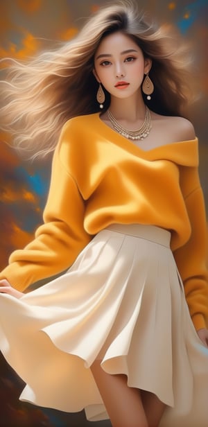 Image, (full body), highest quality, masterpiece, ultra-high definition, (cute face), (perfect brown eyes), surreal illustration, natural proportions, Ultra HD, realistic and vivid colors, highly detailed UHD drawing, perfectly composed, 8k , texture, breathtaking beauty, pure perfection, unforgettable emotion, medium burst, thread necklace, skirt, portrait of a woman, ecru technical wool fleece knit,