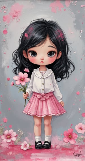 Create a little girl with glitter acrylic paints. Cute and lovely with shy expression, black hair, holding a bunch of cosmos flowers in her hand, wearing a white blouse and miniskirt, background gray and pink, contrasting color texture, polka dots and small flowers.