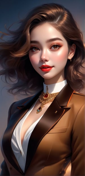 Image, (full body), top quality, masterpiece, ultra high definition, (cute face), (perfect brown eyes), surreal illustration, natural proportions, ultra high definition, realistic and vivid colors, highly detailed UHD drawing, perfectly composed, 8k, texture, breathtaking beauty, radiant smile, pure perfection, unforgettable emotions, medium burst, thread necklace, female portrait, basic collar neck suit uniform,