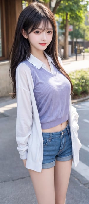 Girl 1, ultra high definition, wind blowing hair, brown eyes, brown hair, delicate facial features, eye smile, {{{masterpiece}}}, {{highest quality}}, high resolution, high detail, natural movements everyday life, idol style Outfit, light purple horizontal striped collar t-shirt, shoes, shorts, summer cardigan,Haka