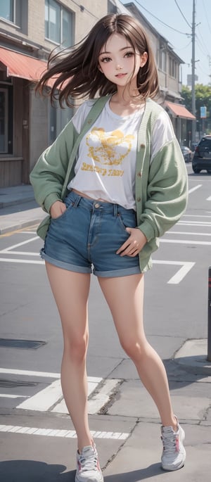 Girl 1, ultra high definition, wind blowing hair, brown eyes, brown hair, delicate facial features, eye smile, {{{masterpiece}}}, {{highest quality}}, high resolution, high detail, natural movements everyday life, idol style Outfit, light green horizontal striped collar T-shirt, shoes, shorts, summer cardigan,