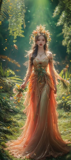 (Fairy in the forest), very delicate and soft lighting, details, Ultra HD, 8k, animated movie, soft leaf dress, wide and beautiful green forest, meadow full of flowers and birds, sunlight shining through the leaves, bright and clear picture quality, povpinch,spitroast,mandara_art,Animal