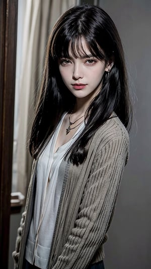 Beautiful and delicate light, (beautiful and delicate eyes), very detailed, pale skin, big smile, (brown eyes), (black long hair), dreamy, medium chest, woman 1, (front shot), Korean girl, bangs, Soft expression, height 170, elegance, bright smile, 8k art photo, realistic concept art, realistic, portrait, small necklace, small earrings, fantasy, jewelry, shyness, soft image like in a dream, short cardigan, floral blouse, skirt, colorful No color, no background,
