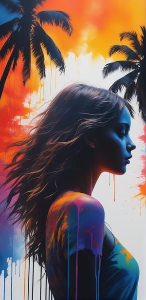 Image, highest quality, masterpiece, ultra-high definition, surreal illustration, natural proportions, Ultra HD, realistic and vivid colors, highly detailed UHD drawing, perfect composition, 8k, texture, breathtaking beauty, pure perfection, haunting emotions, two palms Silhouette of a girl on top, the figure of a beautiful girl, double exposure,dripping paint