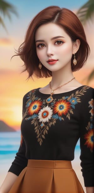 Image, (full body), highest quality, masterpiece, ultra-high definition, (cute face), (perfect brown eyes), surreal illustration, natural proportions, Ultra HD, realistic and vivid colors, highly detailed UHD drawing, perfectly composed, 8k , texture, breathtaking beauty, pure perfection, unforgettable emotion, medium burst, thread necklace, skirt, portrait of a woman, ecru technical wool fleece knit,Wonder of Beauty