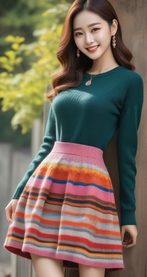 Image, best quality, masterpiece, ultra high definition, natural proportions, ultra high definition, realistic and vivid colors, detailed UHD drawing, perfect composition, 8k, texture, breathtaking beauty, bright smile, pure perfection, unforgettable emotions., female 1, korean, knit, skirt,