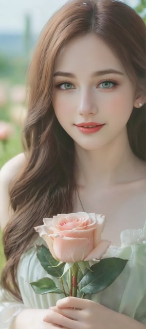 Beautiful soft light, (beautiful and delicate eyes), very detailed, pale skin, (long hair), dreamy, ((front shot)), soft expression, bright smile, 8k art photo, photorealistic concept art, fantasy, jewelry, shy , Dreamy soft image, masterpiece, ultra-high resolution, colors, (girl holding a single rose), very delicate and soft lighting, details, Ultra HD, 8k, animated movie, soft floral dress, wide green meadow full of nothing but grass. walking,t4ni4