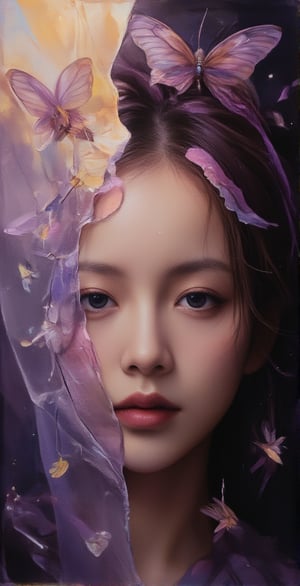 A girl's face reflected in a broken mirror, fantastic details, detailed brush strokes and oil painting, portrait style of a girl in deep thought. Gradients of purple and yellow, dreamy world,