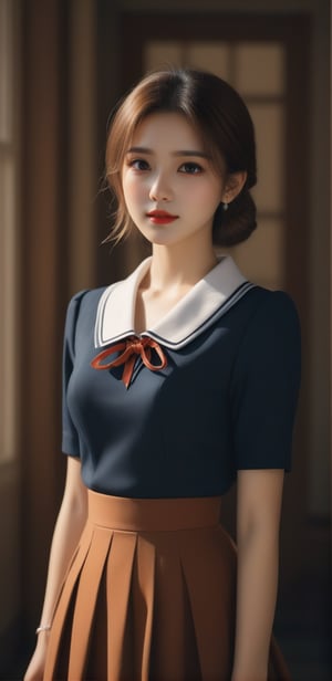 Image, (full body shot), highest quality, masterpiece, ultra-high definition, (cute face), (perfect brown eyes), surreal illustration, natural proportions, Ultra HD, realistic and vivid colors, highly detailed UHD drawing, perfectly composed, 8k , texture, breathtaking beauty, pure perfection, unforgettable emotion, medium bust, thread necklace, basic collar neck formal uniform, skirt, portrait of a woman,LinkGirl,xxmix_girl,better photography,FilmGirl