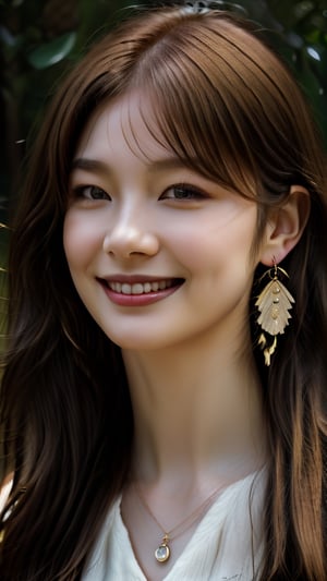 Beautiful and delicate light, (beautiful and delicate eyes), pale skin, big smile, (brown eyes), (black long hair), dreamy, medium chest, woman 1, (front shot), Korean girl, bangs, soft expression, height 170, elegance, bright smile, 8k art photo, realistic concept art, realistic, portrait, necklace, small earrings, handbag, fantasy, jewelry, shyness,