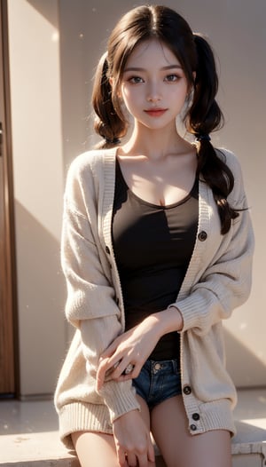 (((masterpiece))), top class, (beautiful and delicate girl), beautiful and delicate light, (beautiful and delicate eyes), smile, (brown eyes), (dark black long hair), medium breasts, female 1, frontal shot, Korean , soft look, tall height, pigtails, horizontal striped t-shirt, shorts, sneakers, cardigan,1 girl,