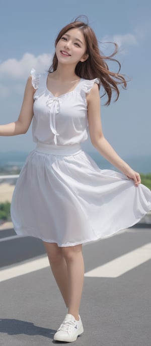 Girl 1, ultra-high definition, hair blowing in the wind, delicate facial features, eye smile, {{{masterpiece}}}, {{highest quality}}, high resolution, high detail, natural movements in daily life, Karin sleeveless lined blouse, skirt, shoes ,FuturEvoLab-girl,hubggirl