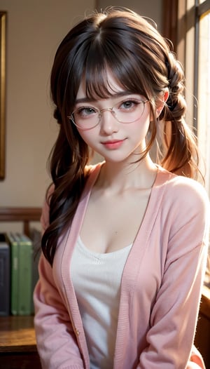 (((masterpiece))), top quality, illustration, (beautiful and delicate girl), beautiful and delicate light, (beautiful and delicate eyes), wide smile, black hair, messy hair, long bangs, hair between the eyes, ribbon, woman 1 , Korean, front shot, half body shot, pants, green cardigan, sneakers, headband, glasses, pigtails,