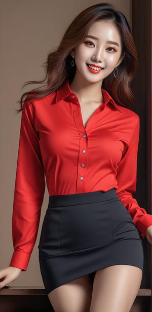 Image, highest quality, masterpiece, ultra-high resolution, surreal illustrations, natural proportions, Ultra HD, realistic and vivid colors, detailed UHD drawing, perfect composition, 8k, texture, breathtaking beauty, bright smile, pure perfection, unforgettable moved. ,Woman 1,sexy pose,Korean,red slim fit stretch shirt,skirt,