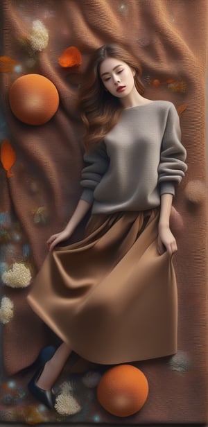 Image, (full body), highest quality, masterpiece, ultra-high definition, (cute face), (perfect brown eyes), surreal illustration, natural proportions, Ultra HD, realistic and vivid colors, highly detailed UHD drawing, perfectly composed, 8k , texture, breathtaking beauty, pure perfection, unforgettable emotion, medium burst, thread necklace, skirt, portrait of a woman, ecru technical wool fleece knit,style,r4w photo,Enhanced All