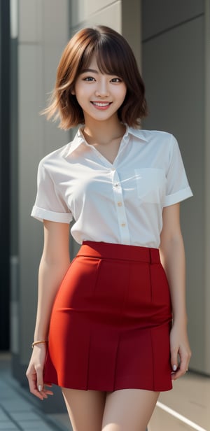 Image, highest quality, masterpiece, ultra-high resolution, surreal illustrations, natural proportions, Ultra HD, realistic and vivid colors, detailed UHD drawing, perfect composition, 8k, texture, breathtaking beauty, bright smile, pure perfection, unforgettable moved. ,Woman 1,sexy pose,Korean,red slim fit stretch shirt,skirt,