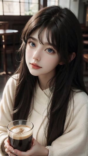 Beautiful and delicate light, (beautiful and delicate eyes), pale skin, big smile, (brown eyes), (dark black long hair), dreamy, medium breasts, female 1, (front shot), Korean woman, bangs, soft expression, large Height, proud and elegant, 8k art photo, photorealistic concept art, realistic, cafe, girl drinking coffee, soft lighting,Young beauty spirit ,Detailedface