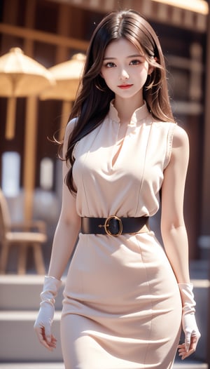 (((masterpiece))), top class, (beautiful and delicate girl), beautiful and delicate light, (beautiful and delicate eyes), smile, (brown eyes), (dark black long hair), medium breasts, female 1, front shot, Korean, Soft impression, tall height, women's clothing, fleece puffy fleece vest,adjusting gloves,Fortune Dragon