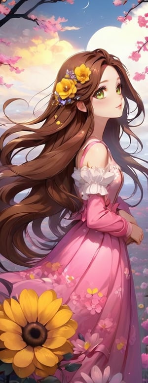Masterpiece, top quality, highest quality, art, detail. 1 Girl, long brown hair, yellow and pink gradient, unclear border like fog, sad eyes staring into space, blurry, full body shot, beautiful, hair blowing in the wind,DonMM1y4XL,DonMW15pXL,Flower queen,sticker