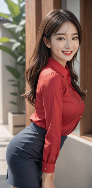 Image, highest quality, masterpiece, ultra-high resolution, surreal illustrations, natural proportions, Ultra HD, realistic and vivid colors, detailed UHD drawing, perfect composition, 8k, texture, breathtaking beauty, bright smile, pure perfection, unforgettable moved. ,Woman 1,sexy pose,Korean,red slim fit stretch shirt,skirt,