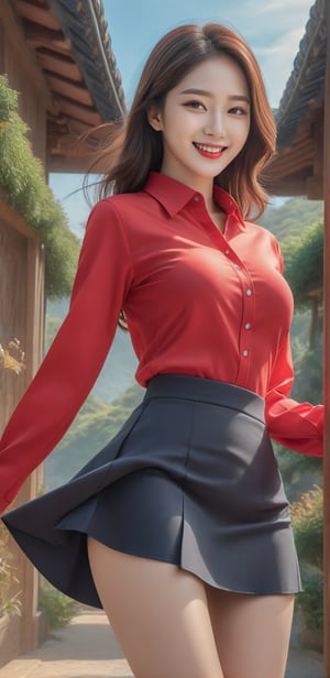 Image, highest quality, masterpiece, ultra-high resolution, surreal illustrations, natural proportions, Ultra HD, realistic and vivid colors, detailed UHD drawing, perfect composition, 8k, texture, breathtaking beauty, bright smile, pure perfection, unforgettable moved. ,Woman 1,sexy pose,Korean,red slim fit stretch shirt,skirt,