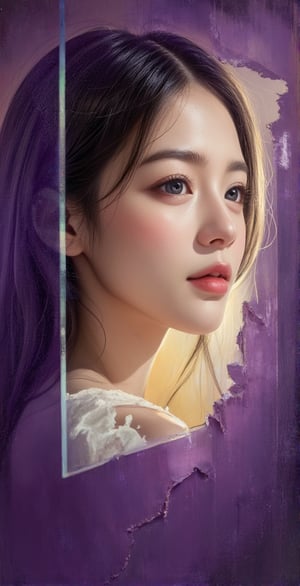 A girl's face reflected in a broken mirror, fantastic details, detailed brush strokes and oil painting, portrait style of a girl in deep thought. Gradients of purple and yellow, dreamy world,