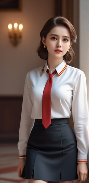 Image, (full body), highest quality, masterpiece, ultra-high definition, (cute face), (perfect brown eyes), surreal illustration, natural proportions, Ultra HD, realistic and vivid colors, highly detailed UHD drawing, perfectly composed, 8k , texture, breathtaking beauty, pure perfection, unforgettable emotion, medium bust, thread necklace, basic collar neck formal uniform, skirt, portrait of a woman,