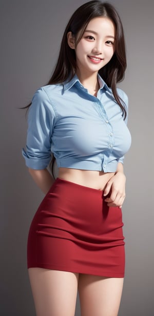 Image, highest quality, masterpiece, ultra-high resolution, surreal illustrations, natural proportions, Ultra HD, realistic and vivid colors, detailed UHD drawing, perfect composition, 8k, texture, breathtaking beauty, bright smile, pure perfection, unforgettable moved. ,Woman 1,sexy pose,Korean,black slim fit stretch shirt,skirt,