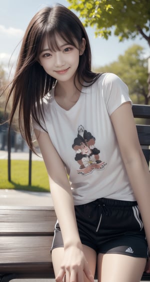 Image, top quality, masterpiece, ultra high definition, natural proportions, ultra high definition, realistic and vivid colors, detailed UHD drawing, perfect composition, 8k, texture, breathtaking beauty, bright smile, pure perfection, unforgettable emotions. , female 1, Korean, girl in red striped t-shirt sitting on park bench and looking at sky, shorts,