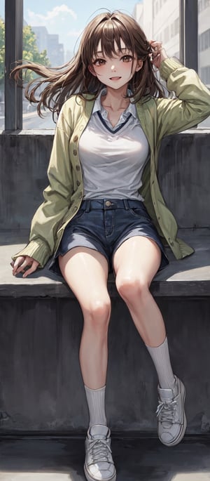 Girl 1, ultra high definition, wind blowing hair, brown eyes, brown hair, delicate facial features, eye smile, {{{masterpiece}}}, {{highest quality}}, high resolution, high detail, natural movements everyday life, idol style Outfit, light green horizontal striped collar T-shirt, shoes, shorts, summer cardigan,