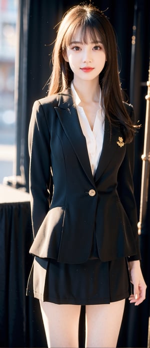 Beautiful and delicate light, (beautiful and delicate eyes), pale skin, big smile, (brown eyes), (dark black long hair), dreamy, medium breasts, female 1, (front shot), Korean woman, bangs, soft expression, large Height, proud and elegant, 8k art photo, photorealistic concept art, realistic, basic collar neck suit uniform, mini skirt, slim fit stretch shirt,