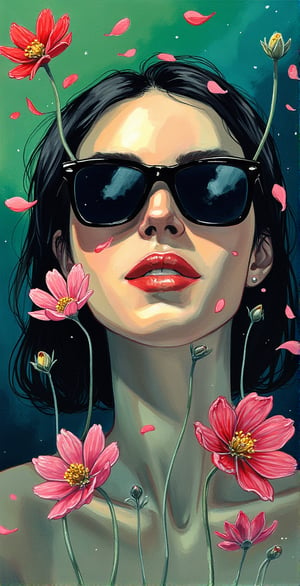 A vivid and lifelike portrait of a woman. She is wearing black sunglasses that cover her eyes, and her lips are sexy with red lipstick. She has black hair, the background is covered with green and blue gradients, and cosmos flowers and petals are floating in the air, and the whole work has a beautiful three-dimensional feeling.