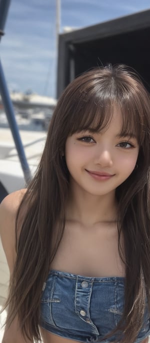 girl 1, ultra high definition, wind blowing hair, brown eyes, brown hair, delicate facial features, eye smile, {{{masterpiece}}}, {{highest quality}}, high resolution, high definition, natural movements of everyday life, dockside, pose, dark blue,Extremely Realistic,lalalalisa_m