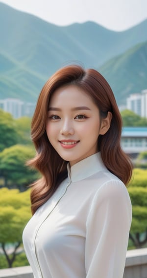 A beautiful and vivid portrait of a woman. She is wearing a neat and tidy outfit and shows off her beauty with a nice pose, her smiling lips are sexy. Her hair is brown and the background is a park with a nice mountain view. The whole piece is beautiful and has a four-dimensional feeling with super high definition. Korean,