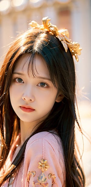Realistic portrait, masterpiece, 18k, (vivid colors: 1.4), high resolution, highest quality, Korean, height 170 cm, long black hair, pale skin, (perfect face), beautiful sparkling eyes, detailed background, masterpiece, golden ratio, epic, highly detailed scenery, (bright and detailed face), (high resolution), professional, high quality, beautiful, realistic and detailed background, frontal shot, half body shot, skirt, shoes, blouse, girl with wreath on head,1 girl
