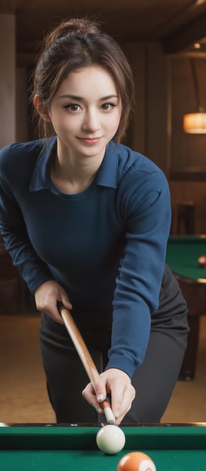 Girl 1, ultra high definition, brown eyes, brown hair, delicate facial features, smile, {{{masterpiece}}}, {{Top Quality}}, high definition, high definition, natural movements in everyday life, posture to play billiards while holding a cue Holding girl, billiard room, professional player,candyseul