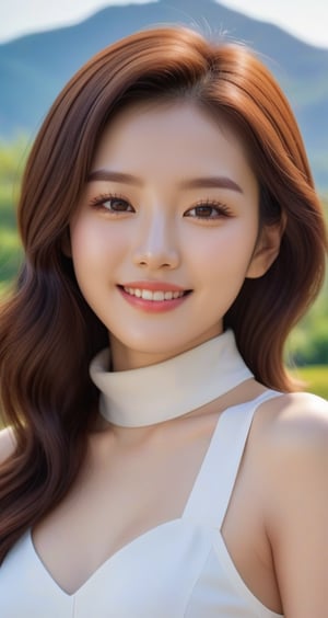 A beautiful and vivid portrait of a woman. She is wearing a neat and tidy outfit and shows off her beauty with a nice pose, her smiling lips are sexy. Her hair is brown and the background is a park with a nice mountain view. The whole piece is beautiful and has a four-dimensional feeling with super high definition. Korean,