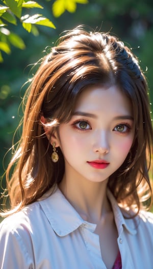 (Highest Quality), (Realistic, Realistic:1.1), Highest Quality, Masterpiece, Beautiful and Aesthetic, 16K, High Contrast, (Vivid Colors:1.3), Exquisite Details and Textures, Cinematic Shots, Warm Tone, (Bright, Intense: 1.1) ), Highly realistic illustration background, black long hair, brown eyes, beautiful Korean girl, pale skin, small earrings, detailed character design style, digital airbrushing, 8k resolution, glowing colors Ultra HD, detailed painting, smiling face, sparkles , cute and adorable, surreal, breathtaking beauty, pure perfection, divine being, unforgettable, impressive, front shot, skirt, collared shirt,fodress,raiden shogun