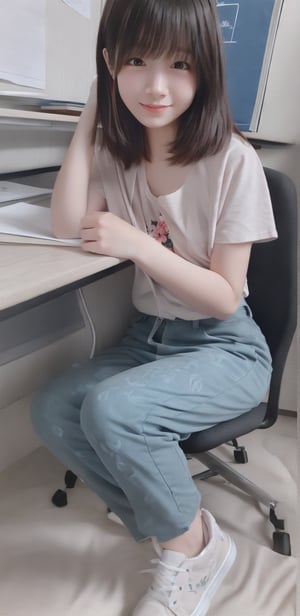 Image, highest quality, masterpiece, super high resolution, natural proportions, Ultra HD, realistic and vivid colors, detailed UHD drawing, perfect composition, 8k, texture, breathtaking beauty, bright smile, pure perfection, unforgettable emotion. ,Female 1, Korean, flower print T-shirt, pants, sneakers, college student sitting on a chair with a book open at a school desk and studying,