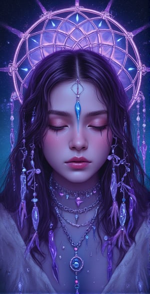 Dreamcatcher is a vivid and vivid neo-pop illustration, nightcore, trompe l'oeil fantasy details, detailed touches and pencil drawings, portrait style of a girl in deep thought. Gradients of purple and blue, dreamy world,