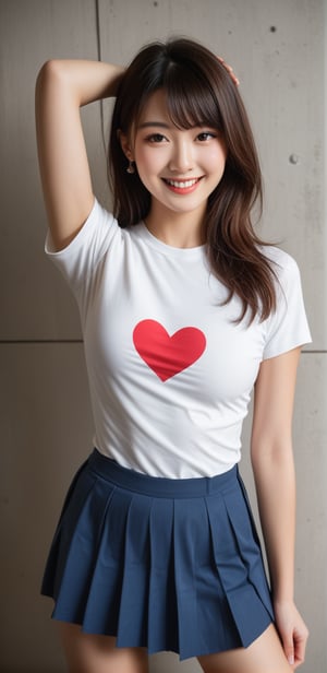 Image, highest quality, masterpiece, ultra-high resolution, surreal illustrations, natural proportions, Ultra HD, realistic and vivid colors, detailed UHD drawing, perfect composition, 8k, texture, breathtaking beauty, bright smile, pure perfection, unforgettable moved. ,Woman 1,sexy pose,Korean,red slim fit stretch shirt,skirt,