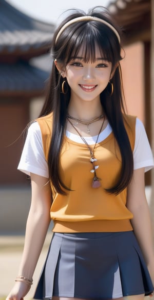 1girl, happy face, long black hair, bangs, medium chest, korean, brown eyes, ultra high definition, light skin, t-shirt, skirt, headband, string necklace, vest,