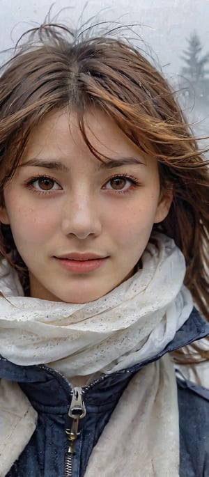 Girl 1, ultra high definition, windblown hair, brown eyes, brown hair, delicate facial features, eye smile, {{{Masterpiece}}}, {{Highest Quality}}, high resolution, high definition, natural movements in everyday life, in agony Portrait of cold young woman, opaque like fog around border, face,