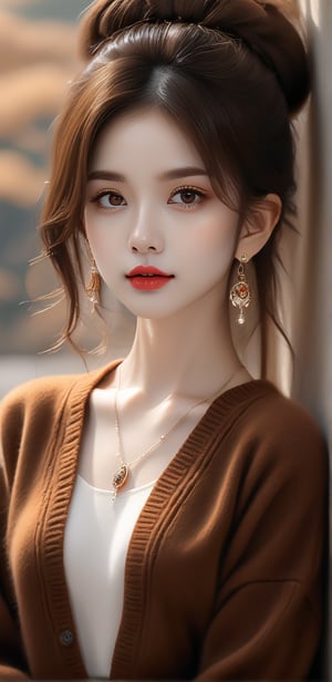 Image, (full body), highest quality, masterpiece, ultra-high definition, (cute face), (perfect brown eyes), surreal illustration, natural proportions, Ultra HD, realistic and vivid colors, highly detailed UHD drawing, perfectly composed, 8k , texture, breathtaking beauty, pure perfection, unforgettable emotion, medium burst, thread necklace, skirt, portrait of a woman, ecru technical wool fleece knit,Wonder of Beauty