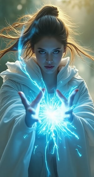 Capture an intricate medium-sized full-length portrait of a woman in her iconic white attire. Her expression is focused and intense as she casts a powerful spell. The magical energy surrounding her hands glows in vivid blue and yellow, creating a dramatic scene. Her wizard attire is detailed. Her eyes glow with supernatural energy, conveying her mystical prowess. In the background, a dynamic aura rising into the sky adds drama and intensity. This image must be rendered in ultra-high resolution (8k) to capture every detail, from her hair pointing to the sky, to the subtle nuances of her attire design.