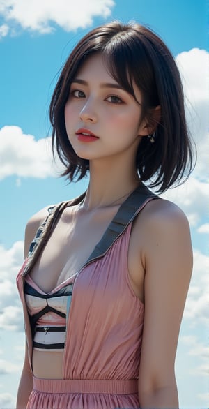 A beautiful and vivid portrait of a woman. She is wearing a striped T-shirt and a short vest on top and a pleated skirt on the bottom. Her lips are sexy with red lipstick. Her hair is black, and the background is the sky with clouds floating in the air. The entire work has a beautiful three-dimensional feeling.