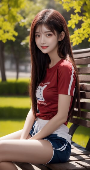 Image, top quality, masterpiece, ultra high definition, natural proportions, ultra high definition, realistic and vivid colors, detailed UHD drawing, perfect composition, 8k, texture, breathtaking beauty, bright smile, pure perfection, unforgettable emotions. , female 1, Korean, girl in red striped t-shirt sitting on park bench and looking at sky, shorts,