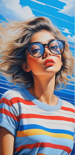 Image, highest quality, masterpiece, ultra-high definition, surreal illustration, natural proportions, Ultra HD, realistic and vivid colors, detailed UHD drawing, perfect composition, 8k, texture, breathtaking beauty, pure perfection, unforgettable emotion, woman 1, fashion, glasses, pose, loose fit short sleeve striped knit tee