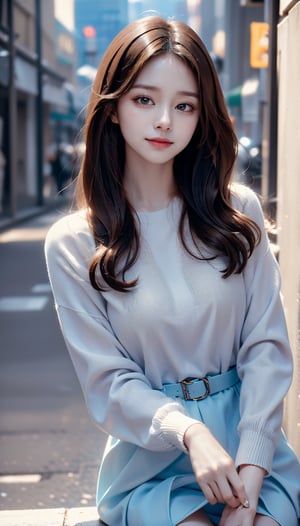 (((masterpiece))), superb, illustration, (beautiful and delicate girl), beautiful and delicate light, (beautiful and delicate eyes), smiling face, (brown eyes), (dark black long hair), medium breasts, female 1, Korean, front shot, sneakers, blue skirt, light blue ecru technical wool fleece knit,