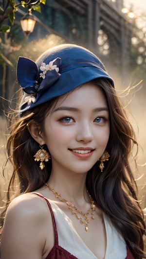 Beautiful and delicate light, (beautiful and delicate eyes), very detailed, pale skin, big smile, (brown eyes), (black long hair), dreamy, medium chest, woman 1, (front shot), Korean girl, bangs, Soft expression, height 170, elegance, bright smile, 8k art photo, realistic concept art, realistic, portrait, necklace, small earrings, fantasy, jewelry, shyness, spring day with cherry blossoms in full bloom, red dress fluttering like fog, red Floppy hat, dream-like soft image,